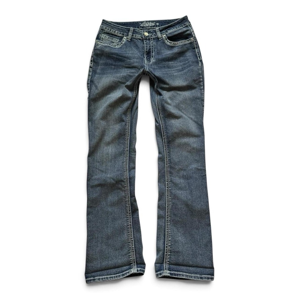 Revolt Women 10 Bootcut Jeans Y2K Rhinestone Flap Pocket Medium Wash Denim